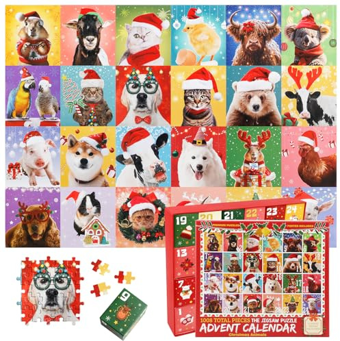 Advent Calendar 2025 Christmas Jigsaw Puzzles, Christmas Animals Countdown 24 Boxes with 1008 Pieces Xmas Countdown Calendar Funny Family Game Xmas Gifts for Teens Adults