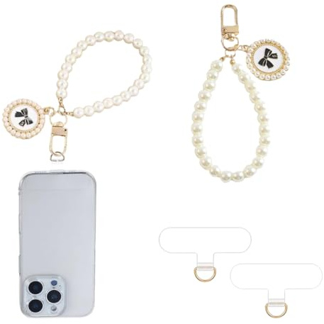 JUGUTA 1 Pieza Cadena de Perlas Falsas para Móvil, 2 Arandelas para Teléfono, Pulsera para Móvil, Mobile Phone Strap, Wristband, Compatible con Todos los Móviles