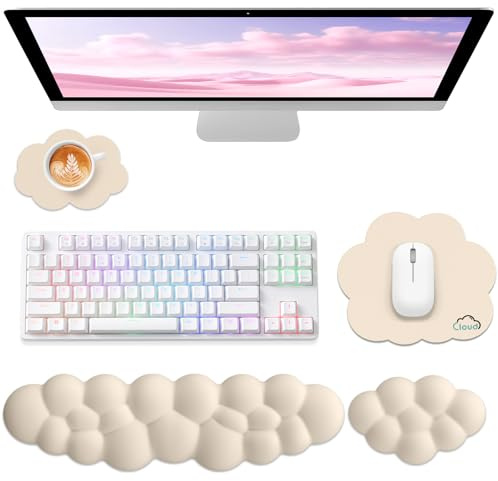 Sushret Cloud Wrist Rest for Computer Keyboard, 4-in-1 Memory Foam Leather Cloud Keyboard Wrist Rest and Mouse Pad Set with Ergonomic Support for Arm and Palm Cushion, Gaming/Work Setup, Beige