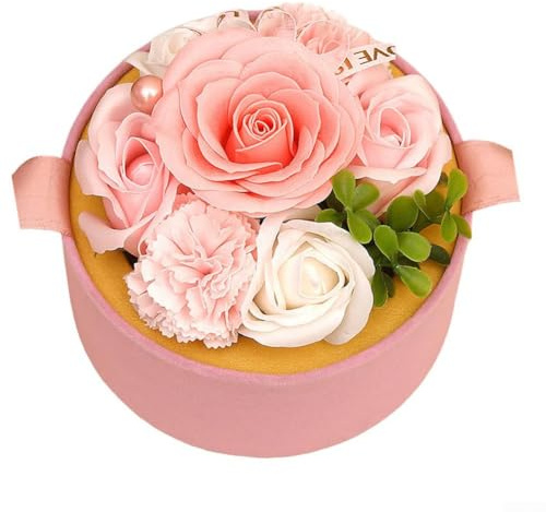 Caja de flores circular de jabón hecha a mano, ramo de flores de jabón, para flores del día de la madre, flores de San Valentín, para tus seres queridos (rosa)