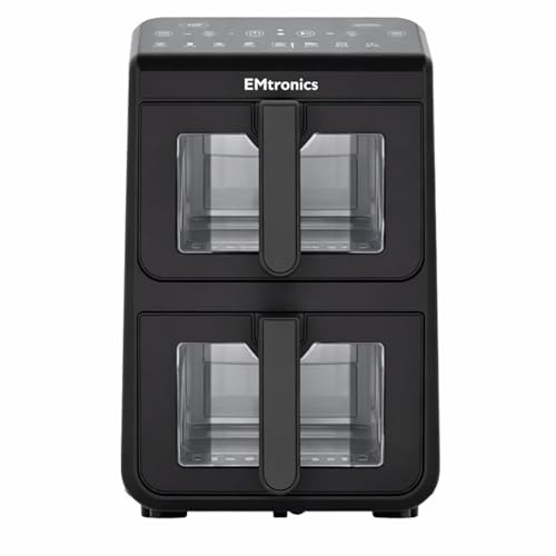 EMtronics 10L Stack Air Fryer with Windows and Dual Zone 2460W Family Size, 8 Preset Cooking Mode, Match Cook & Smart Finish Functions, 10 Litre - Black