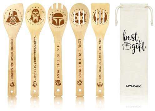 Star War Wooden Cooking Spoons Set with Cute Canvas Bag, 5Pcs Bamboo Non-Stick Cooking Utensils, Star War Kitchen Accessories Housewarming Gift for Men Women, Funny Birthday Christmas Gift for Friends