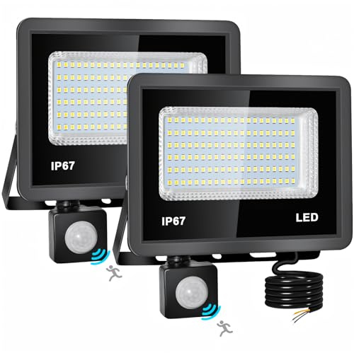Indmird 50 W LED-strålkastare med rörelsesensor - 2 st 5000 lm utomhusbelysning med rörelsesensor kall vit 6500K IP67 vattentät utomhus LED-projektor för uteplats, trädgård, garage, fabrik