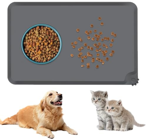 LAUKKKE Futtermatte für Hunde 48x30 cm - Napfunterlage Hund mit Erhöhter Rand, rutschfeste & wasserdichte ，Silikon Napfunterlage Katzen Verdickt (1cm) & - Leicht zu reinigen Reißfest - Dunkelgrau