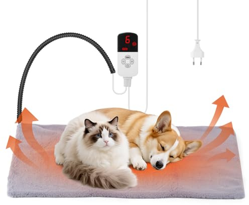 EOJDDPA Tappetino Riscaldante per Gatti e Cani, Cuscino/Tappeto Riscaldante per Animali Domestici 60 x 90 cm Anti-Morso, con Tempistica e Temperatura Regolabile, Sicuro ed Elettrico