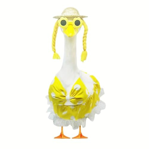PLGEBR Yellow Bikini Duck Costume for 23 Porch Goose Statue, 4-Piece Old Lady Porch Goose Outfits with Wig Hat & Polka Dot Dress, Creative Garden Statue Accessories for Cement Gooses Decor