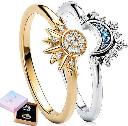 Benaton Sonne Mond Ringe Schmuck Geschenk Ringe, Paare Sonne Goldring und Mond Silberring Promise Matching Ring Damen Frauen Herren Geschenk für Frauen Valentinstag (Mit Geschenkbox)