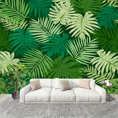 Mural Papel Pintado 3D 350x256cm Tropical Hoja De Palma Textura Fotomurales Tejido No Tejido Antiarrugas Póster Verde Murales Fotográfico Moderno Decoración de Paredes