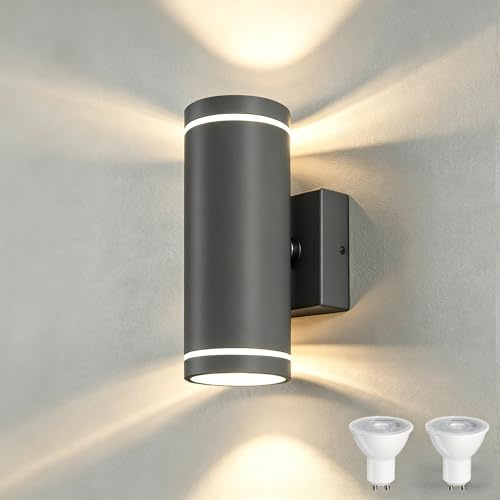 YOVGQOLV Außenlampe Wand Up and Down IP65 GU10 230V,Anthrazit 1 Stück | Edelstahl IP65 Wasserdichte Wandleuchte Aussen mit 2×5W 3000K Warmweiß GU10 Glühbirne LED Aussenleuchten Hauswand, Grau