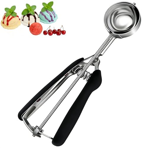 Ice Cream Scoop, Stainless Steel Cookie Scoop with Easy Squeeze Release | 6cm Large Non-Slip Rubber Grip Melon Baller for Baking Meatballs Mash Potato Cupcakes (1, Black)