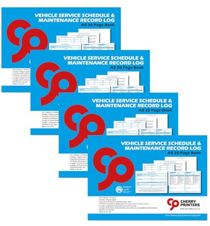 Cherry Printers Vehicle Service Schedule & Maintenance Record Log A5 | 24 Service Stamps | 20 Page Booklet | Maintenance Tips & Notes Pages | Made in UK | for Cars Vans and Motorbikes | 4 Pack