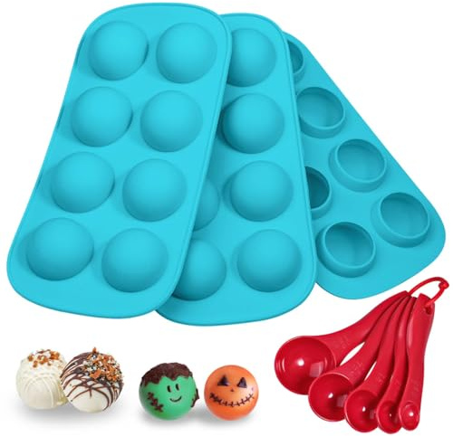 Webake Silicone Chocolate Candy Molds, Round Sphere Baking Molds for Cordial Truffle, Jello Pudding Ball Ice Cube Peanut Butter, Set of 3, Bonus Filling Scoop Set