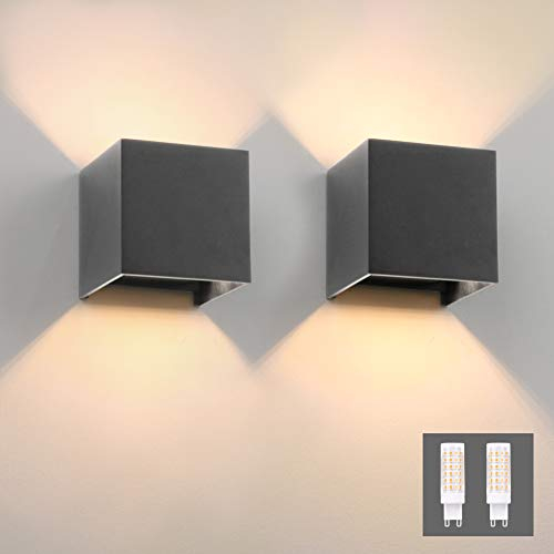 Klighten 2er Wandleuchte Innen/Aussen Modern Up Down Design 9W LED Wandlampe Mit Einer Ersetzbaren G9 LED Birne, IP54 Wasserdichte Außenwandleuchten 3000K Warmweiß, Dunkelgrau
