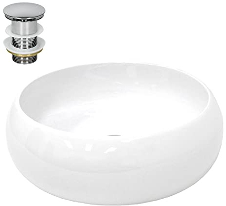 ECD Germany Lavabo de Baño Ø 400 x 350 mm Lavadero de Encimera Redondo Material Cerámico Cuenco Blanco Fregadero de Aseo Estilo Moderno y Elegante Sanitario Sobremesa Lavamanos con Juego de Drenaje