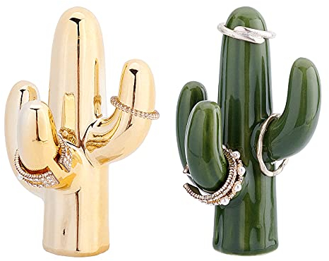 FINGERINSPIRE Kaktus Ringhalter 2 Stück 90x60x40mm Gold & Oliven Grünes Porzellan Kaktus Ringständer Schmuck Display Halter Kaktus Ring Halter Dekoration