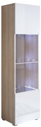 MB Muebles Bonitos | Vitrina con Patas 2 cm Luke V6 para Salón o Comedor Moderno con Luz LED | Mueble Modular de Melamina Mate y Brillo | Color Sonoma y Blanco | 40x167x29 cm