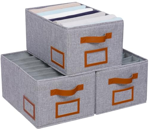 OUTBROS Impilabile Organizer Armadio, 3 Pezzi Contenitori Cassetti, Pieghevole Divisori, Scatole Portaoggetti con 7 Scomparti, per Jeans, Pantaloni, Coperta, Maglione, Grigio