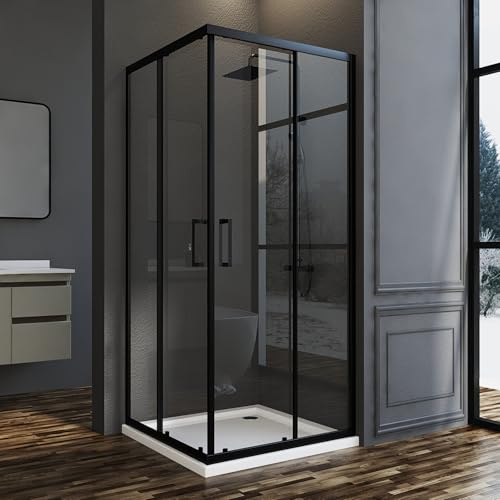 Goezes Duschkabine Eckeinstieg mit Schiebetüren 75x90x185cm Eckeinstieg Duschkabine Schwarz Duschabtrennung Dusche Duschwand 6mm ESG Glas, LINKS & RECHTS MONTIERBAR