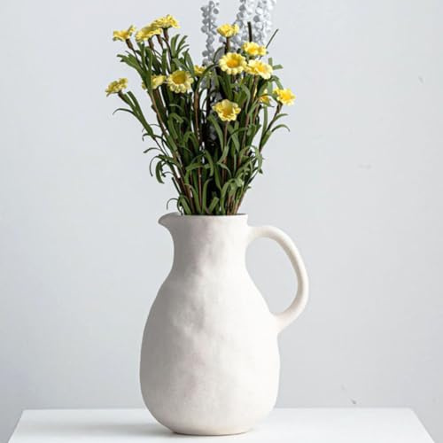 XIUWOUG Vaso Bianco Ceramica con Manico,Vaso di Brocca Rustico per Decorazioni Domestiche,Vaso di Brocca Vintage per Arredamento di Fattoria,Arredamento da Tavolo(Solo Vaso),B