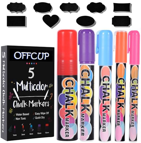 OFFCUP Kreidestifte Set, 5 Stück Kreidemarker, 1mm, 3mm, 6mm, 10mm, 15mm, Tafelstifte 5 Farben, Verwendung auf Kreidetafel, Whiteboard, mit 58 Aufklebern, 3mm und 6mm Reversible Tip