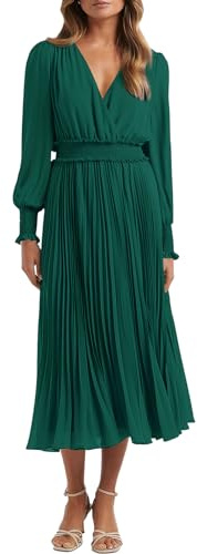PRETTYGARDEN, Vestido Largo Plisado de Primavera con Cuello en V, Manga Larga y Volantes para Mujer, Verde Oscuro, M