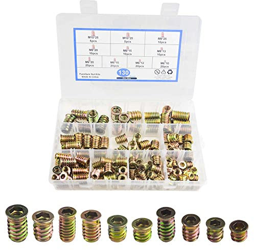 BGTXINGI 130Pcs M6 M8 M10 Threaded Wood Inserts Nuts Assortment Kit Zinc Plated Carbon Steel Furniture Screw-in nut Fastener Connector Hex Socket Drive for Wood Furniture