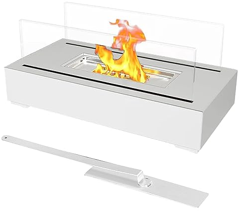 Chimenea de mesa portátil de bioetanol con estructura de cristal, rectangular, decorativa (blanco)