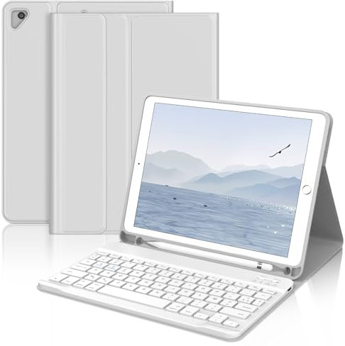 JADEMALL Coque Clavier pour iPad 9.7, 6ème/5ème Génération, Air 2/1 - AZERTY Clavier Sans Fil Bluetooth Détachable avec Support Stylet, Gris Clair