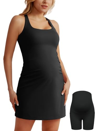Maacie Maternity Tennis Dress with Shorts & Built in Bra Scoop Neck Sleeveless A-line Workout Golf Dress with Pocket Black XL