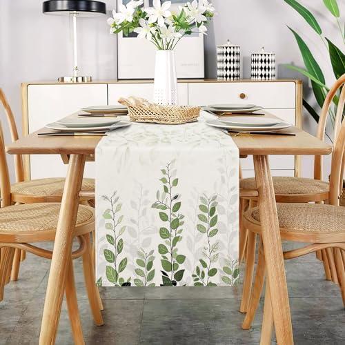 Eleganter Tischläufer für Wohnzimmer - Florales Blatt Muster in Grün und Beige, Faltenfrei, Rutschfest, Leinen Abstrakt, Hochzeit 33x183 CM