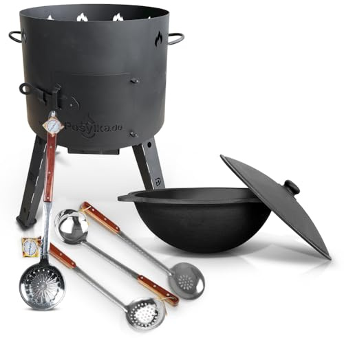 ZARENHOFF Feuerofen Utschak Ø44 cm mit Gusseisen-Kazan 16L mit rundem Boden | Gulaschkanone aus 2 mm Stahl | Plov Kasan-Topf Ø46,5 cm | Aluminiumdeckel | 2 Schaumlöffel | Schöpfkelle | Outdoor Kochstelle