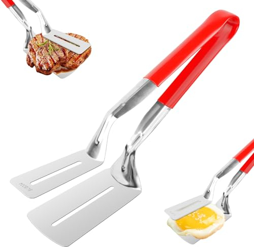 HOTUT Multifunctional Stainless Steel Double Sided Shovel Clip, Grill BBQ Clamp Spatula Food Flipping Cooking Tongs, Anti-Scald Extended Handle Spatula Tongs for Steak Fish Bread Burgers Pizza