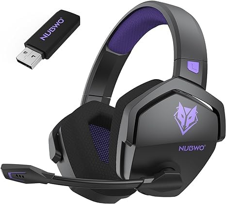 NUBWO G06 Dual Wireless Gaming Headset med mikrofon för PS5, PS4, PC, mobil: 2,4 GHz trådlös + bluetooth - 100 timmars batteri - 50 mm drivrutiner - lila