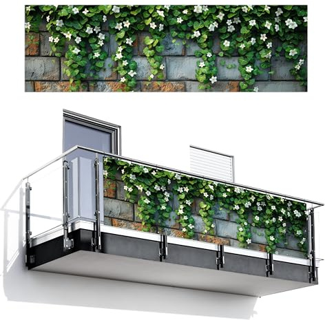 MuchoWow© Balkongeländer Sichtschutz Einseitig Groß PVC Garten Windschutz | 90x300 cm - Seitlich ohne bohren Wetterfest Zaunsichtschutz Terrasse Balkon Abdeckung Pflanzen - Wand - Grün - Blumen