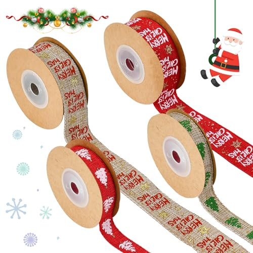 DTYGUIXE 4 Rotoli di Nastro in Tessuto di Juta Decorativo per Decorazione Natalizio in Tela, Bomboniere Fai da Te
