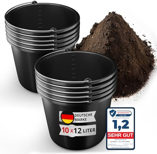 10 Stück Oramics 12L Eimer mit Edelstahl Henkel – Baueimer Kübel für Zement und Mörtel – Stabiler Wassereimer, Mörteleimer mit Skala für Haushalt, Garten, Baustellen (10x 12 Liter Putzeimer)