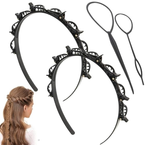 2 Stück Haarreif mit Klammern, 2 Stück Haar Tail Twister Inhaber, Frisurenhilfe, Haarreifen mit Klammern Zahnstirnband Braid Tool, elegantes Haarreif für Frauen und Mädchen (Schwarz)