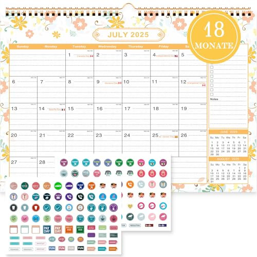 Benjia Wandkalender Kalender 2025 2026 Schuljahr A4, Blumen Tischkalender Monatskalender Juli 2025 bis Dezember 2026 18 Monate, Desk Wall Calendar Jahreskalender mit Ferienübersicht Planer Aufklebern