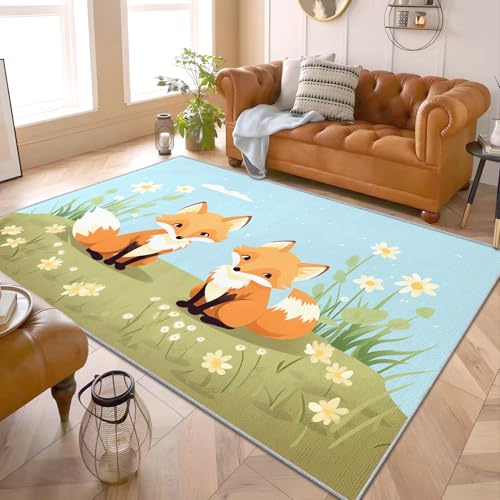 PaxGloz Fuchs Teppich Kinderzimmer - Teppiche Wohnzimmer Schlafzimmer Babyzimmer Fuchs, Großer Teppich Mädchen Waldtiere, Weich Kurzflor & Waschbar & rutschfest Kinderteppich, 160x230 cm