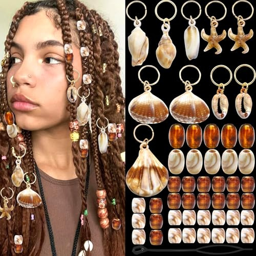VENOFEN 50PCS Shell Hair Jewelry for Braids Acrylic Starfish Loc Dreadlock Charms Tansparent Brown White Braid Beads Large Size Hair Tube Bead for Women