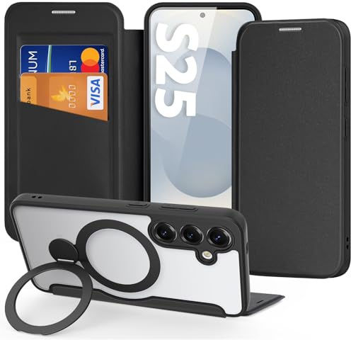 DUX DUCIS Fodral för Samsung Galaxy S25 med stativ, kompatibelt med MagSafe, [RFID-blockering] [Kortfack] Magnetisk premium flip-plånbok, fodral för S25 5G, svart