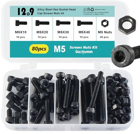 GuoYomm Lot de 80 vis M5 à tête cylindrique à six pans creux, noirs, en acier au carbone 12,9 degrés, longueurs : 10 mm, 20 mm, 30 mm, 40 mm