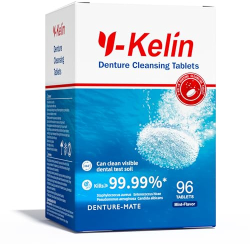 Y-Kelin Compresse per la Pulizia di Protesi Mobili e Dentiere, Pulizia protesi dentaria, Detergente Effervescente per Protesi, Apparecchi e Dispositivi Dentali (96 Compresse)