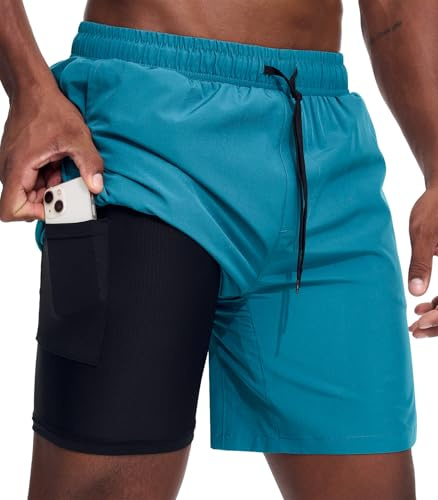 Danfiki Sportbyxor för män, korta löparshorts, korta 2 i 1 löpshorts med inbyggda fickor, Påfågelsblå, L