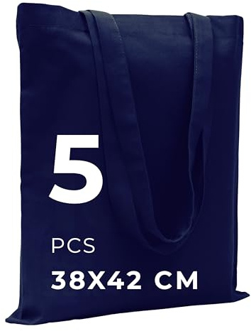 POLHIM Högkvalitativ tygpåse – påse för tvätt, sport, shopping, mat – miljövänlig, återanvändbar jutepåse – otryckt 38 x 42 cm, 145 gr/m2, 5 stycken, Mörkblå, L