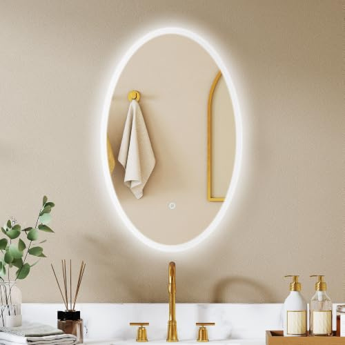 HOMCOM Miroir Salle de Bain avec Éclairage 80x50cm Ovale Transparent IP44 | Miroir LED Mural, Anti-buée, 3 Couleurs Lumière, Dimmable, Mémoire, Rétroéclairé et Frontal, Verre Trempé, Capteur Tactile