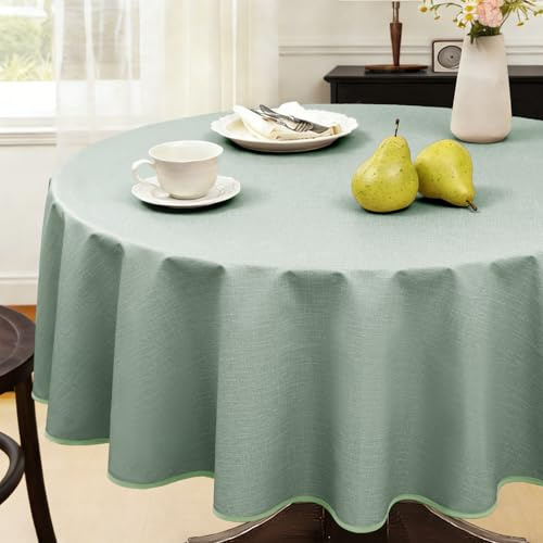 FIBORIA Tischdecke Outdoor Wetterfest Rund 120 Wachstischdecke Outdoor Wetterfest mit Saum Grün Leinenoptik PVC Gartentischdecke Table Cloth für Frühling,Ostern,Garten,Hochzeit,Terrasse,Geburtstag