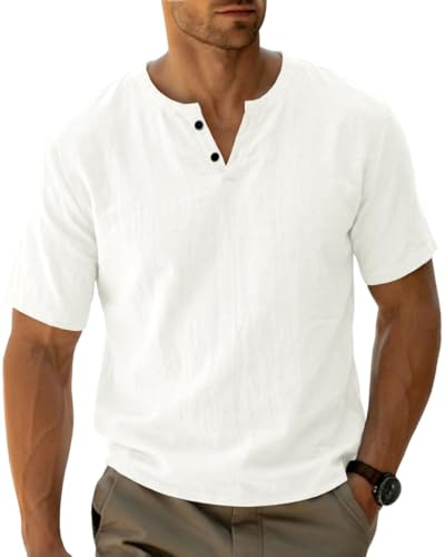 LAOARA Henley - Maglietta da uomo a maniche corte, in cotone, con scollo a V, taglie M-3XL, bianco, M