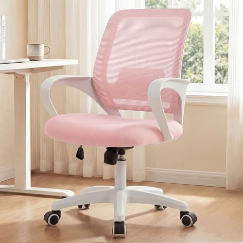 NEO CHAIR Office Desk Ergonomic Computer Mesh Chair with Lumbar Mid Back Support Adjustable Height Swivel Rolling Wheels Comfy Task Vanity Chair for Home Bedroom Study (Pastel Pink)
