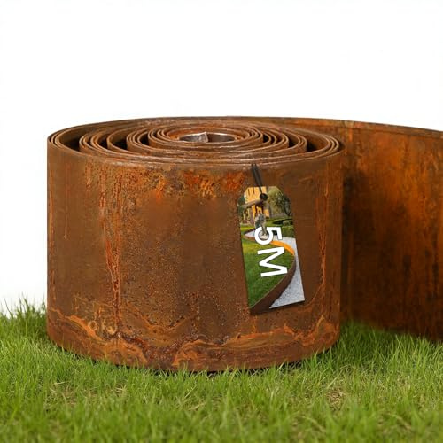 Rasenkante Metall 5 m x 15,5 cm Cortenstahl Beeteinfassung Beetumrandung Rostoptik Rasenkanten, Biegbare Rasenkante für Rasen, Beete, Kiesflächen und Wege (rostoptik 5 m)
